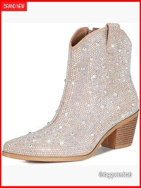 Rhinestone Cowboy Boots Glitter Chunky Heel Sparkly Ankle Boots